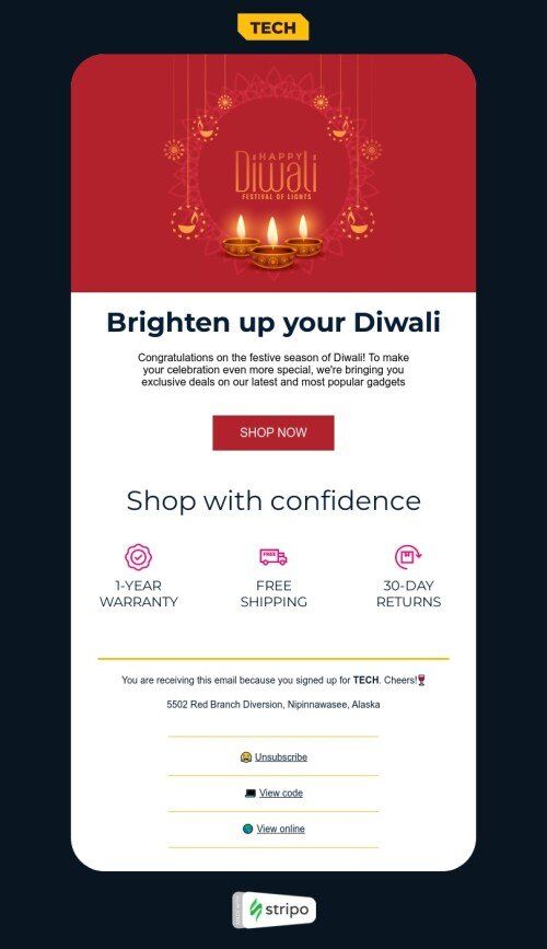 Modello email Diwali «Festival delle Luci» per il settore industriale di gadget Visualizzazione mobile