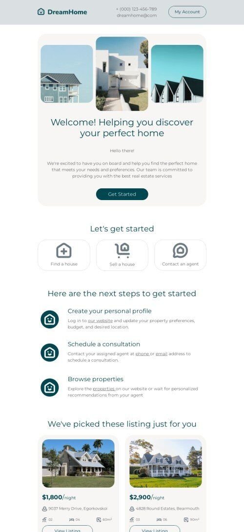 Modelo de e-mail de «Mostrando acompanhamento» de follow-up para a indústria de imóveis Visualização de dispositivo móvel