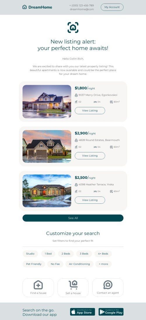 Promo email template "New listing" for real estate industry mobile view