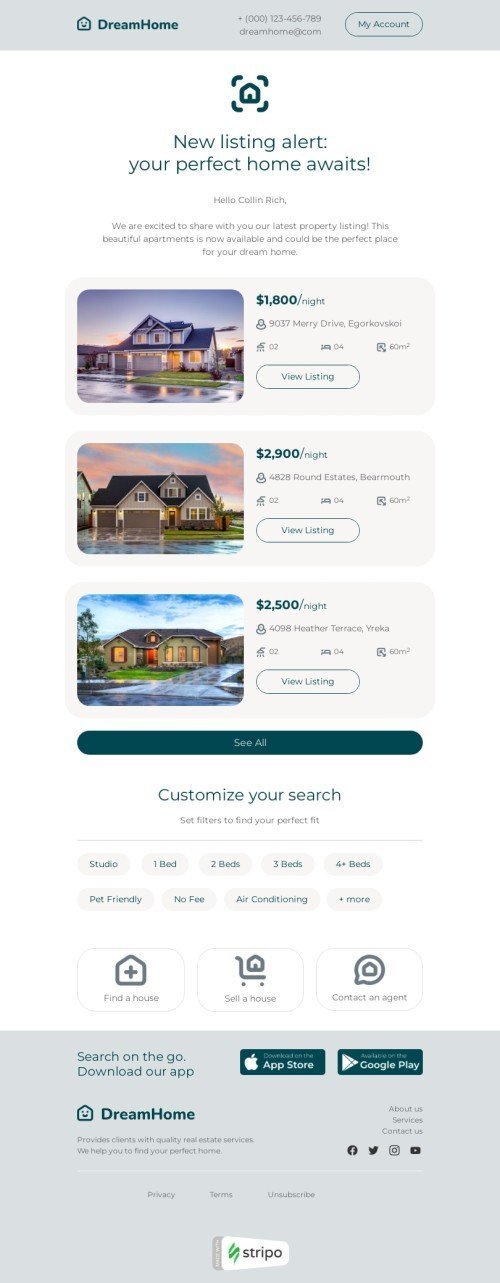 Promo email template "New listing" for real estate industrydesktop view