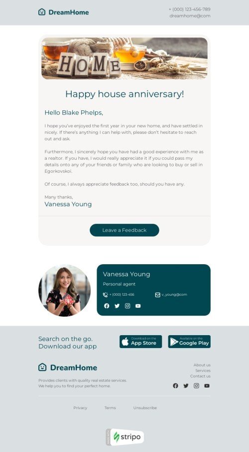 Шаблон письма «Годовое наблюдение» тематики follow-up для индустрии «Недвижимость» мобильный вид
