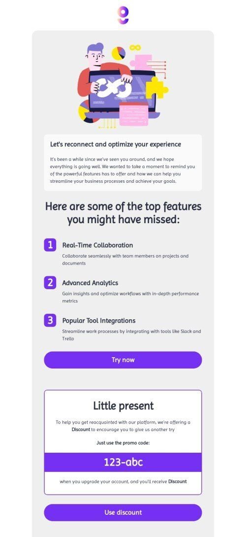SaaS email template "We miss you" for business industry mobile view
