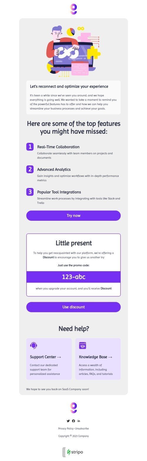 Шаблон письма «Мы скучаем по вам» тематики SaaS для индустрии «Бизнес»дектопный вид