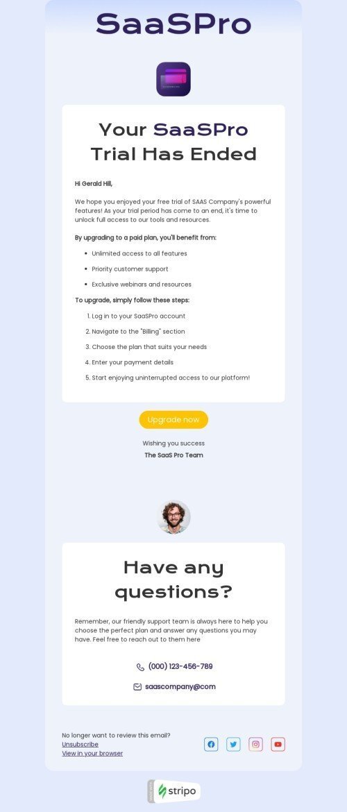 Шаблон листа «Пробний період завершено» тематики SaaS для індустрії «ПЗ та технології» мобільний вигляд