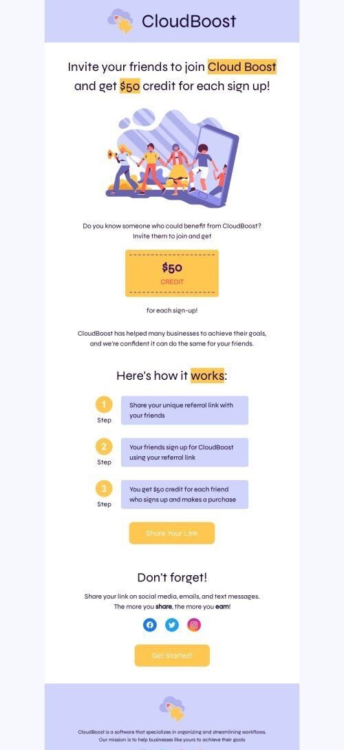Modelo de e-mail de «Indique amigos, ganhe recompensas!» de SaaS para a indústria de software e tecnologia Visualização de dispositivo móvel
