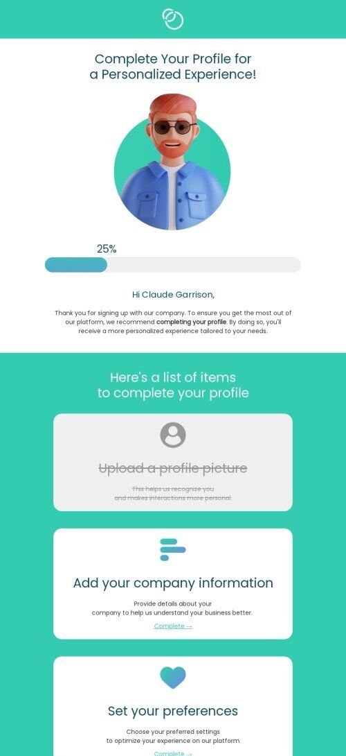 SaaS email template "Complete your profile" for software & technology industry mobile view
