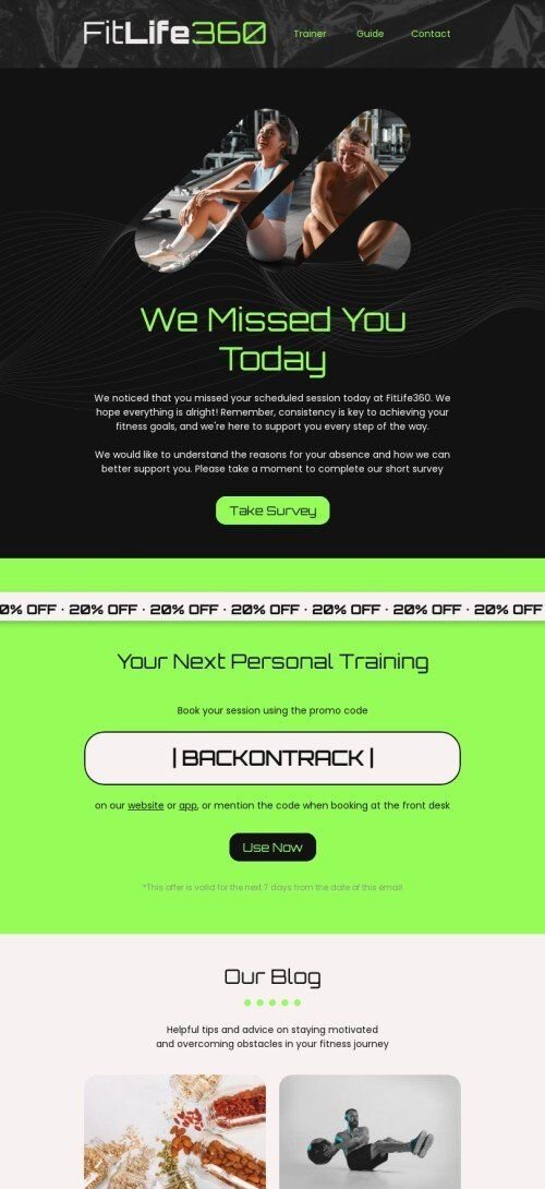 Follow-up email template "Missing client" for health and wellness industry mobile view