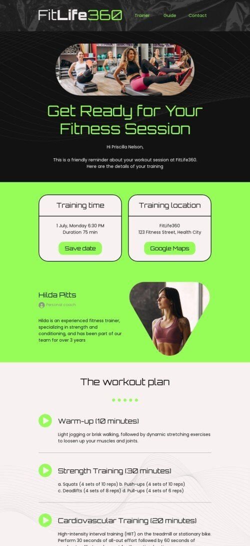 Modello email di conferma «Promemoria allenamento» per il settore industriale di salute e bellezza Visualizzazione mobile