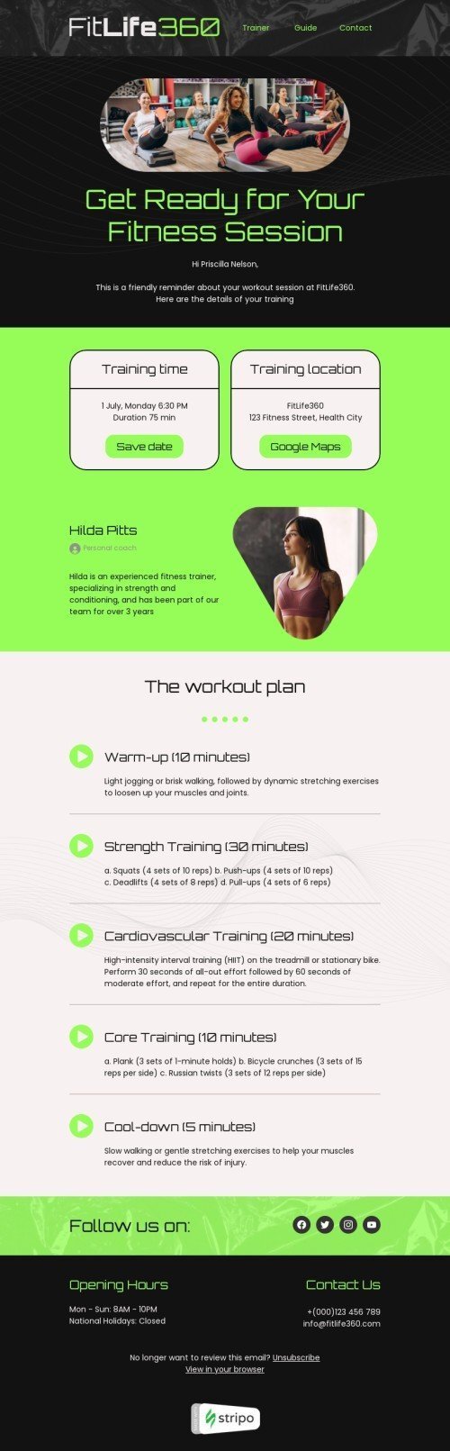 Confirmation email template "Workout reminder" for health and wellness industry mobile view