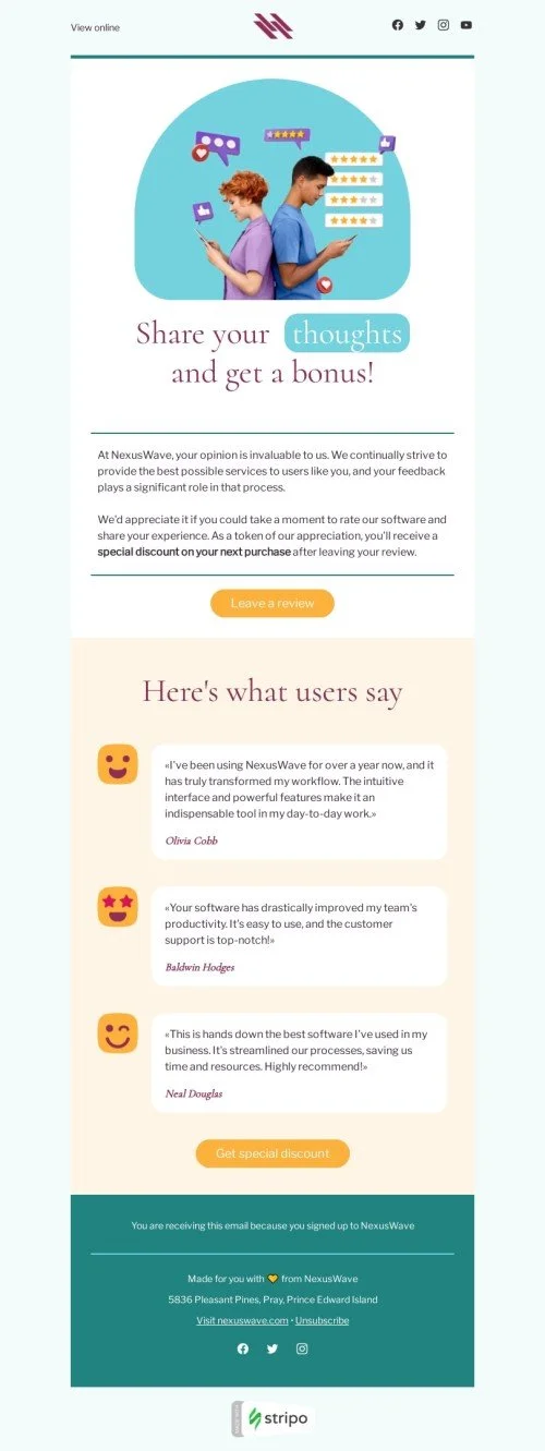SaaS email template "Share your thoughts" for business industry