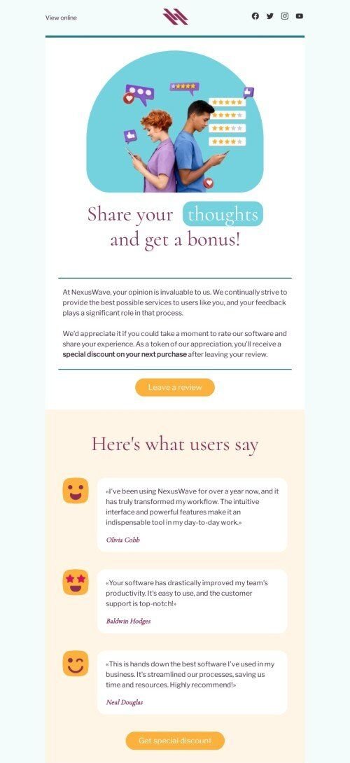 SaaS email template "Share your thoughts" for business industry mobile view