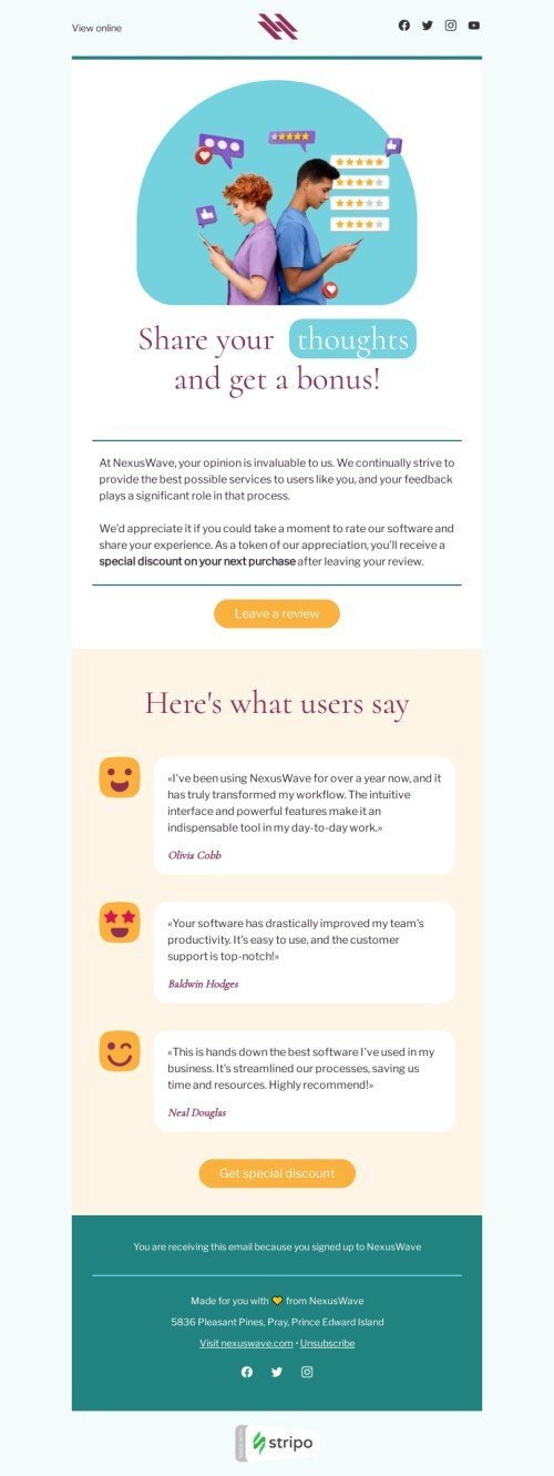 SaaS email template "Share your thoughts" for business industrydesktop view