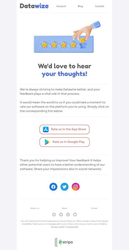 SaaS email template "We'd love to hear your thoughts" for business industrydesktop view