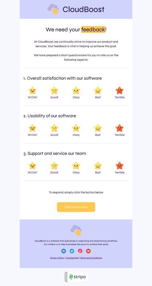 SaaS email template "We need your feedback!" for business industry mobile view