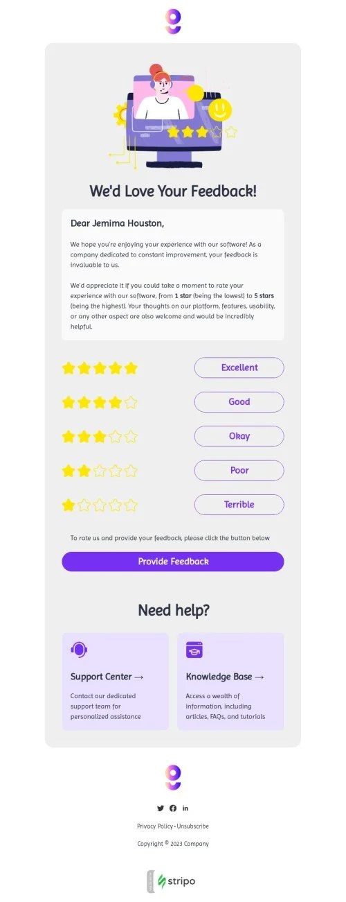 SaaS email template "We'd love your feedback!" for business industry