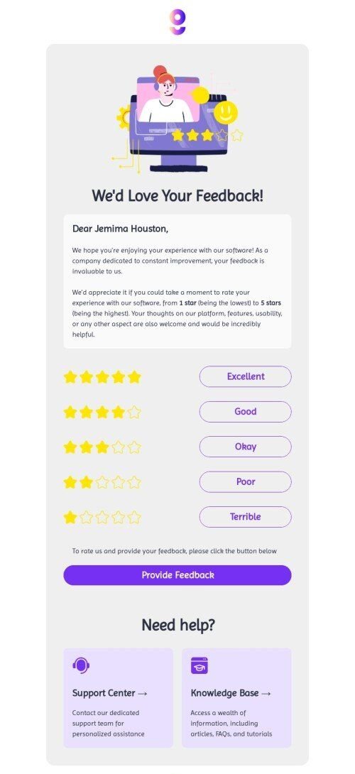 SaaS email template "We'd love your feedback!" for business industry mobile view