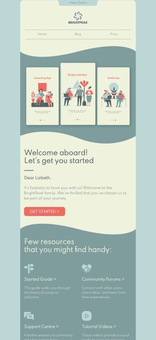 Modelo de e-mail de «Vamos começar» de SaaS para a indústria de software e tecnologia Visualização de dispositivo móvel