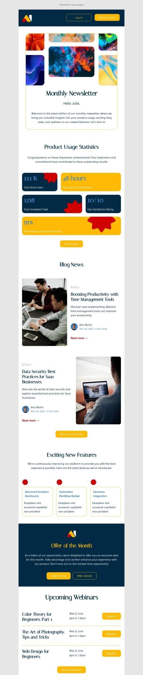 Modello email SaaS «Statistiche sull'utilizzo del prodotto» per il settore industriale di software e tecnologia Visualizzazione desktop