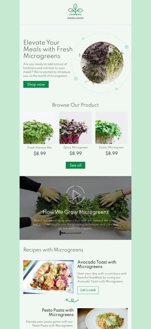 Modello email promo «Eleva i tuoi pasti» per il settore industriale di agricoltura Visualizzazione mobile