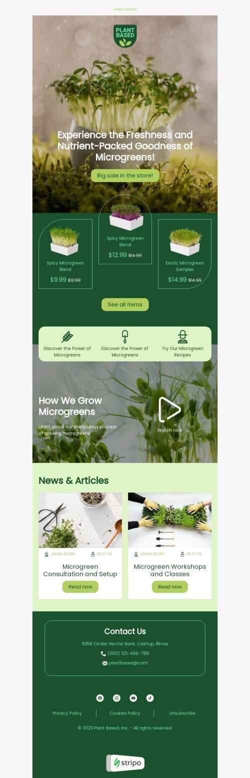 Promo email template "Power of microgreens" for agriculture industrydesktop view