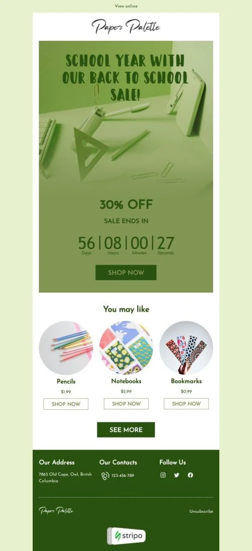 Back to school email template "Stationery items" for books & presents & stationery industry
