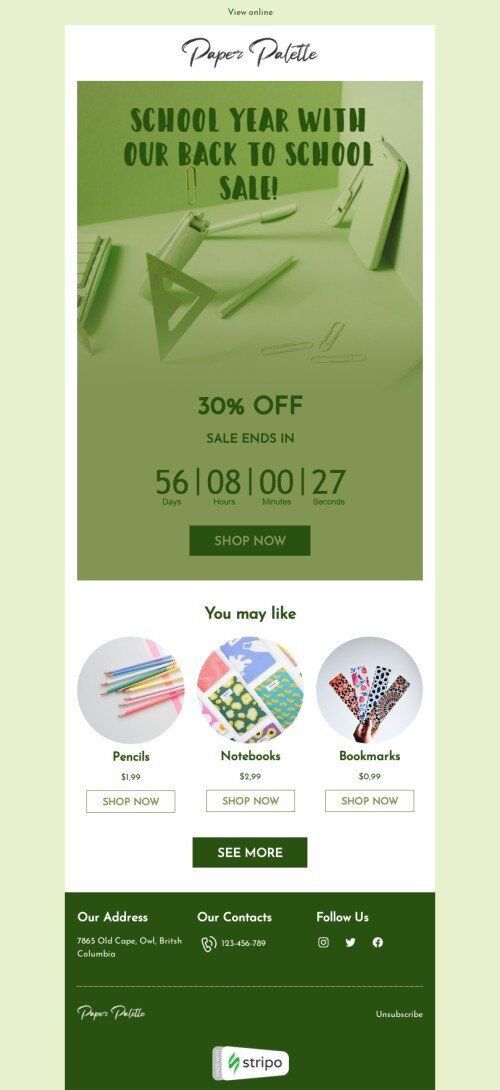 Back to school email template "Stationery items" for books & presents & stationery industry mobile view