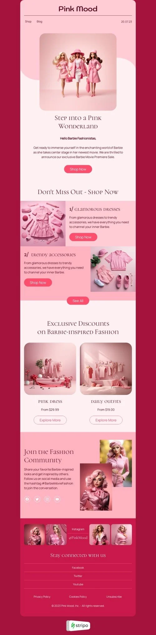 Promo email template "Step into a pink wonderland" for fashion industry
