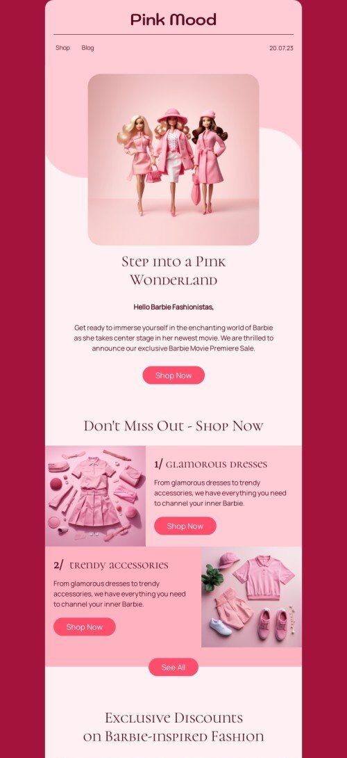 Werbung E-Mail-Vorlage «Treten Sie ein in ein rosa Wunderland» für Mode-Branche Ansicht auf Mobilgeräten