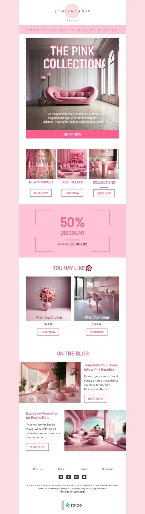 Promo email template "The pink collection" for furniture, interior & DIY industry