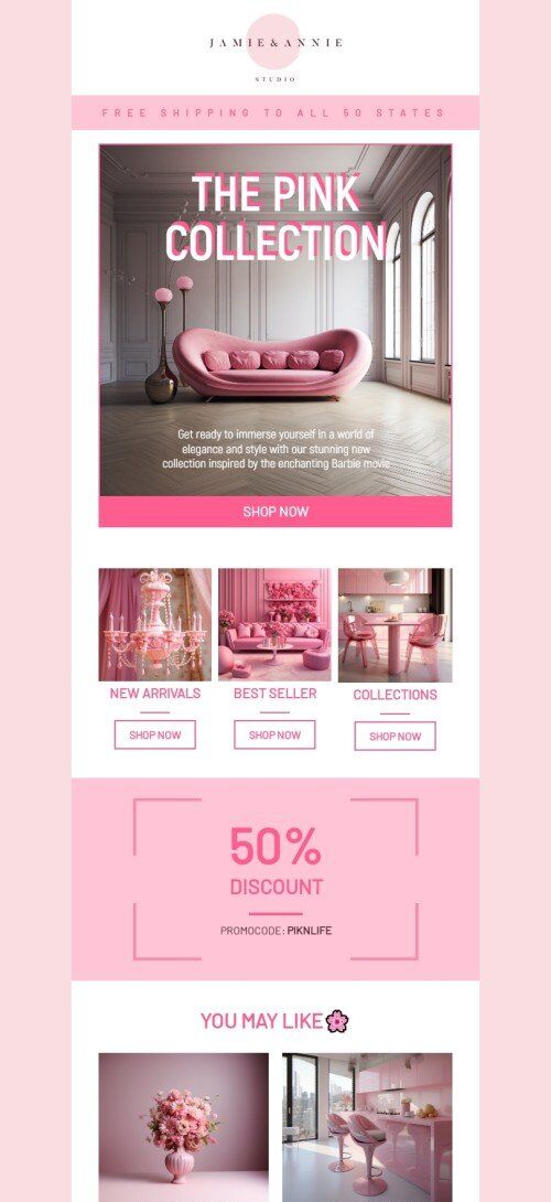 Werbung E-Mail-Vorlage «Die rosa Kollektion» für Möbel, Innenausstattung & DIY-Branche Ansicht auf Mobilgeräten