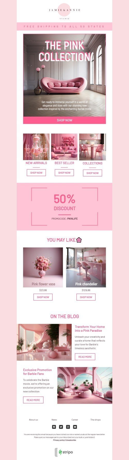 Promo email template "The pink collection" for furniture, interior & DIY industrydesktop view