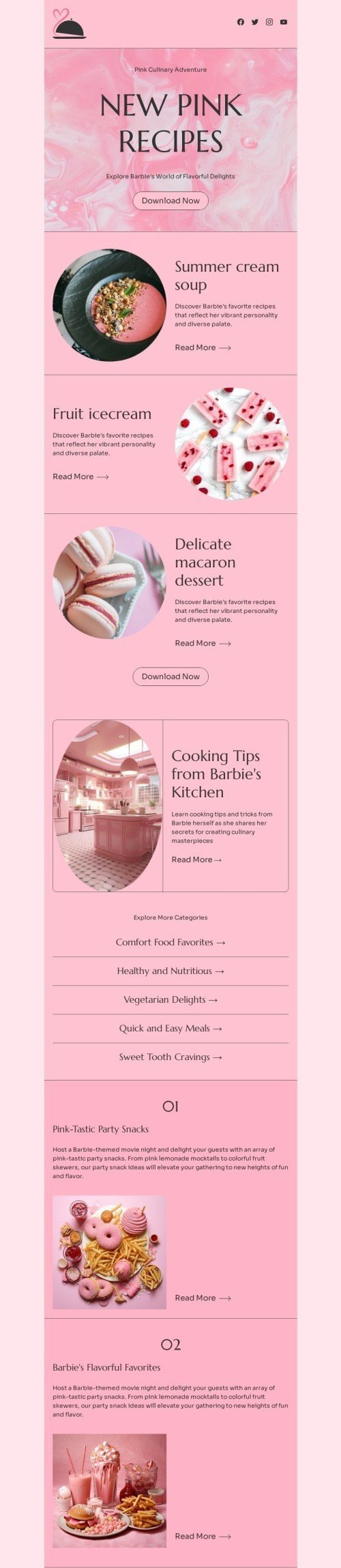 Plantilla de correo electrónico «Nuevas recetas rosas» de promoción para la industria de publicaciones y blogs Vista de móvil