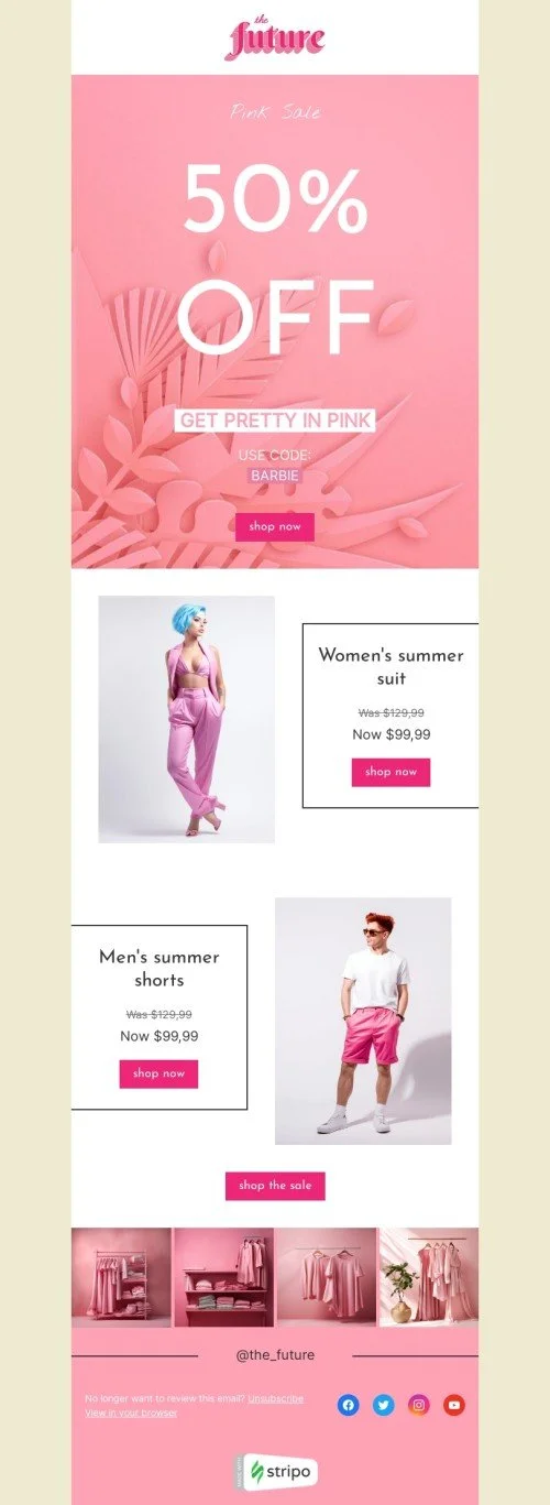 Promo email template "Get pretty in pink" for fashion industry