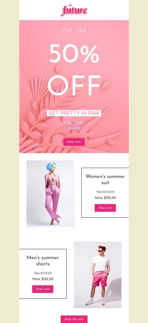 Werbung E-Mail-Vorlage «Werden Sie hübsch in Pink» für Mode-Branche Ansicht auf Mobilgeräten