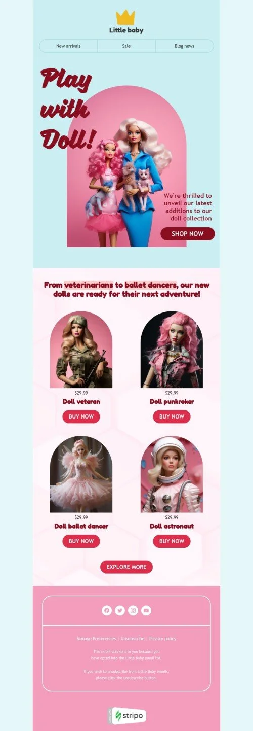 Promo email template "Play with doll" for kids goods industry