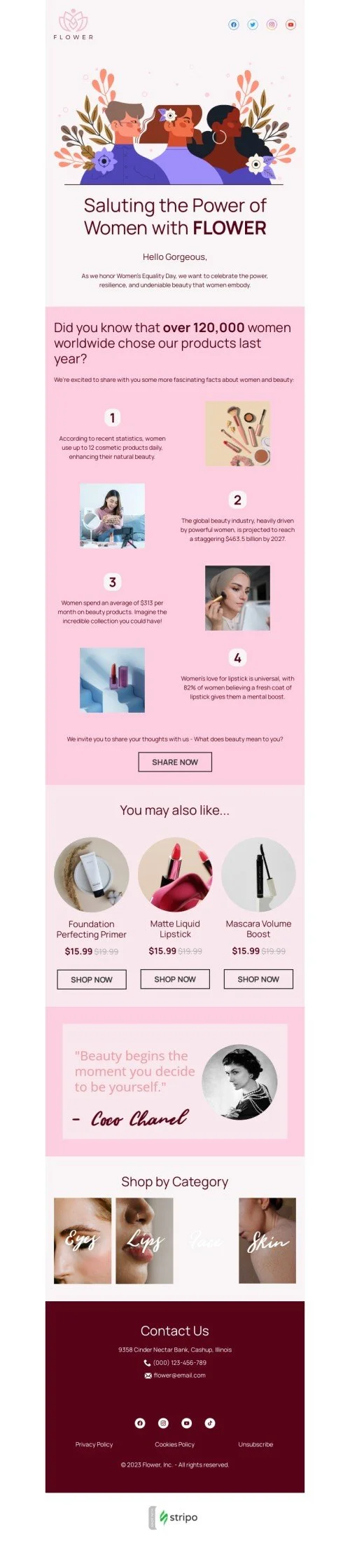 Women's Equality Day email template "Saluting the power of women" for beauty & personal care industry