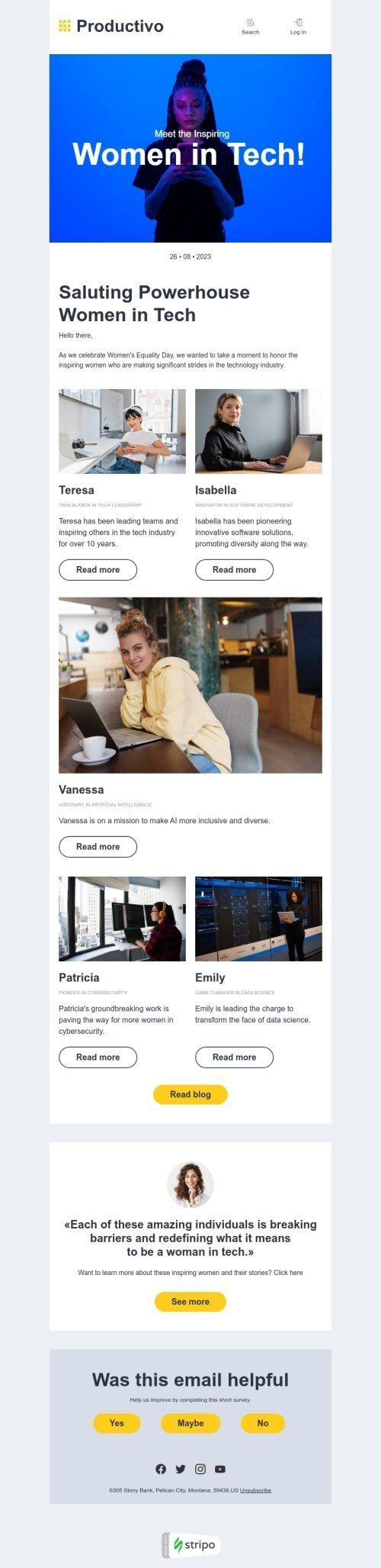 Plantilla de correo electrónico «Mujeres en tecnología» de Día Internacional de la Mujer para la industria de negocios Vista de escritorio