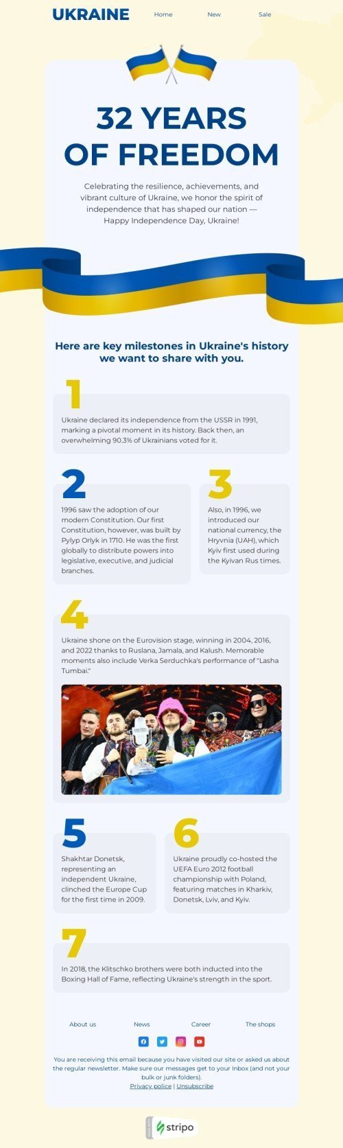 Plantilla de correo electrónico «32 años de libertad» de Día de la Independencia de Ucrania para la industria de sin fines de lucro y caridad Vista de escritorio