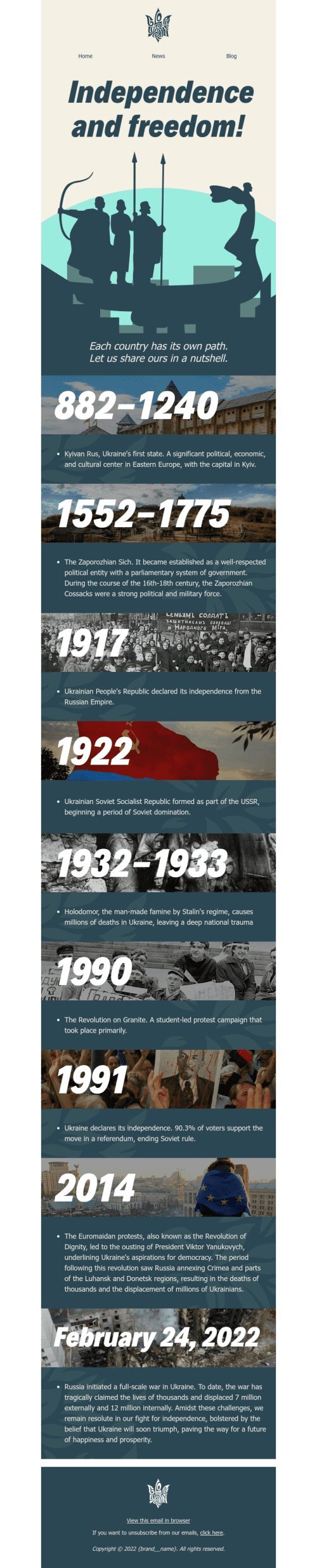 Independence Day der Ukraine E-Mail-Vorlage «Unabhängigkeit und Freiheit!» für Gemeinnützig & Wohltätigkeit-Branche Ansicht auf Mobilgeräten