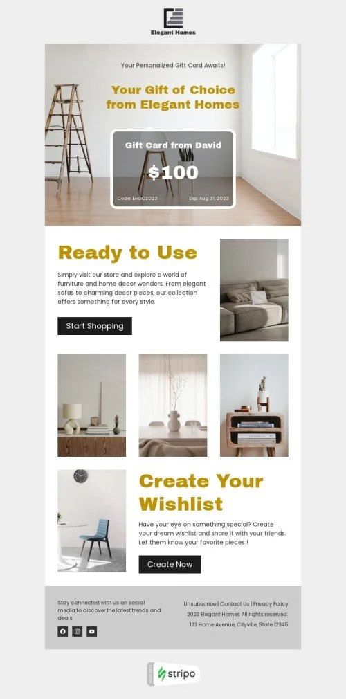 Gift сard email template "Ready to use" for furniture, interior & DIY industry