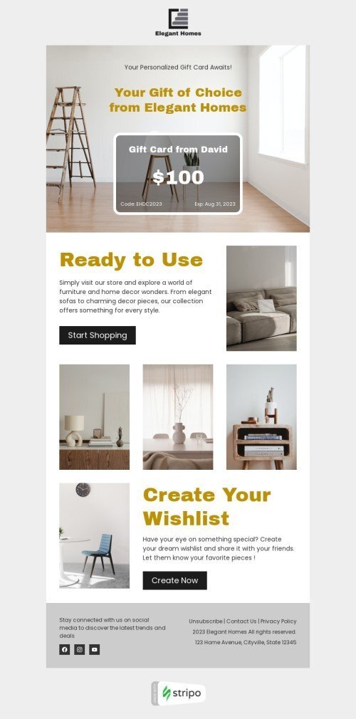 Gift сard email template "Ready to use" for furniture, interior & DIY industrydesktop view