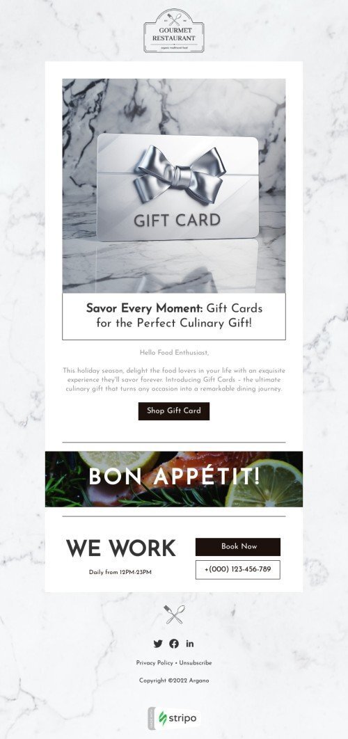 Gift сard email template "Savor every moment" for restaurants industry desktop view