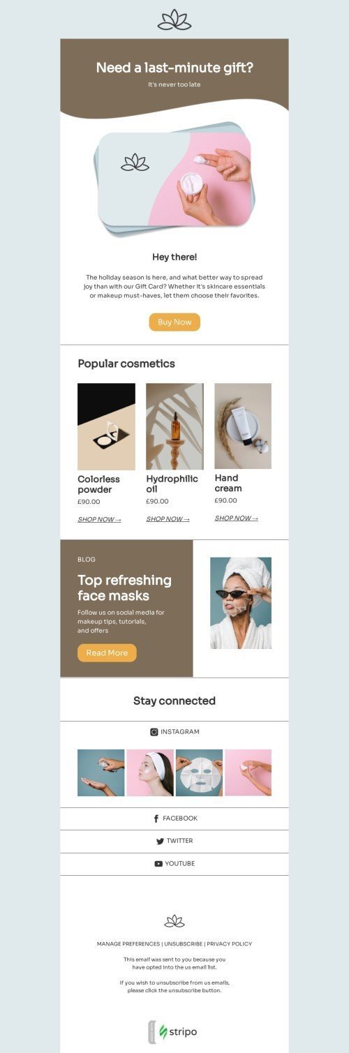 Gift сard email template "Need a last-minute gift?" for beauty & personal care industry mobile view