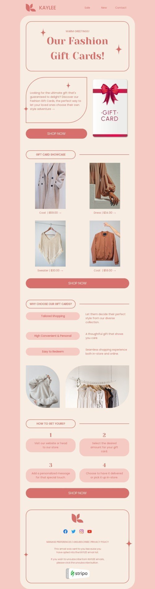 Gift сard email template "Our fashion gift cards" for fashion industry desktop view