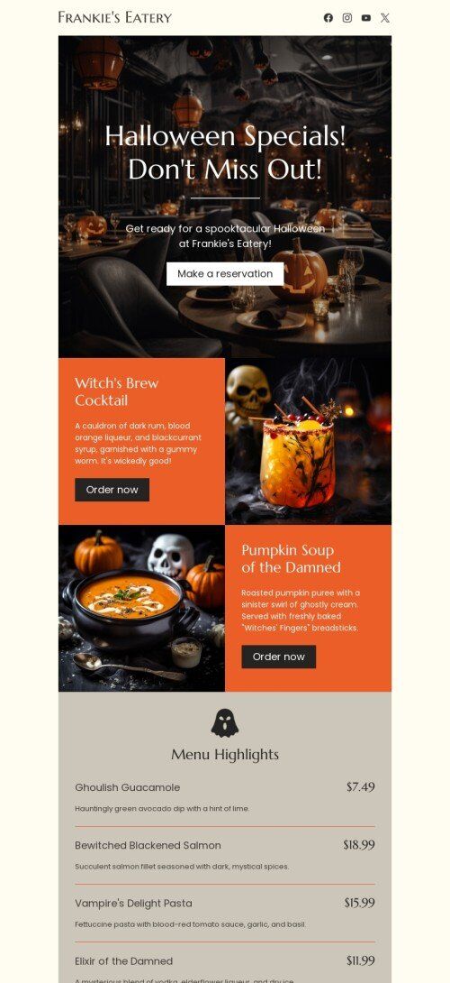 Modello email Halloween «Speciali di Halloween» per il settore industriale di ristoranti Visualizzazione mobile