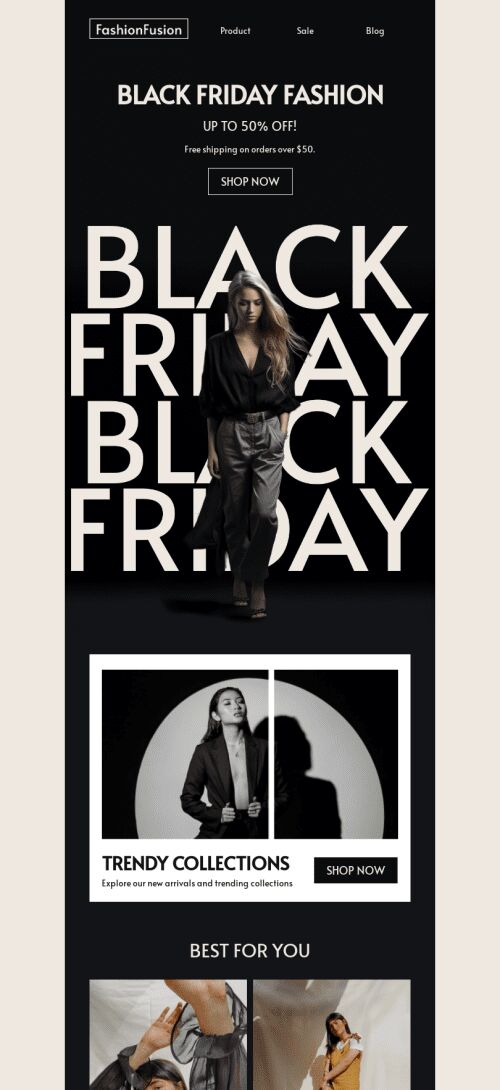 Black Friday email template "Black Friday fashion deals" for fashion industry mobile view