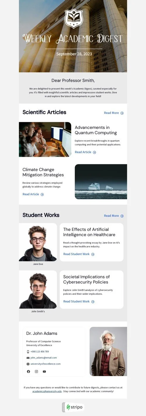 Newsletters email template "Weekly academic digest" for professor email industry