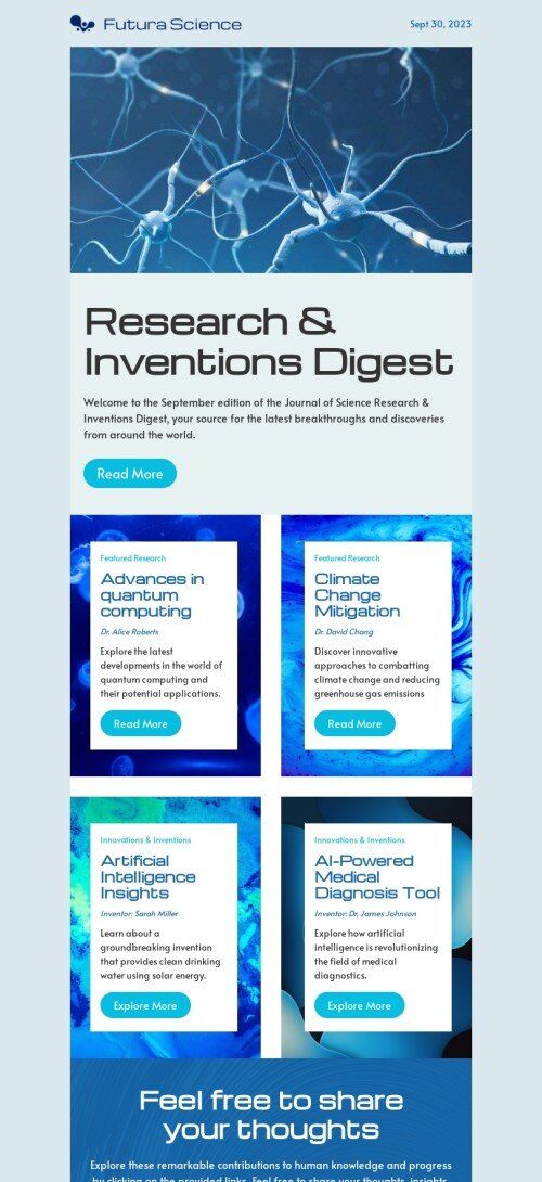 Newsletters email template "Research & inventions digest" for professor email industry mobile view