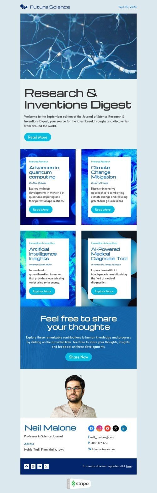 Newsletters email template "Research & inventions digest" for professor email industry mobile view