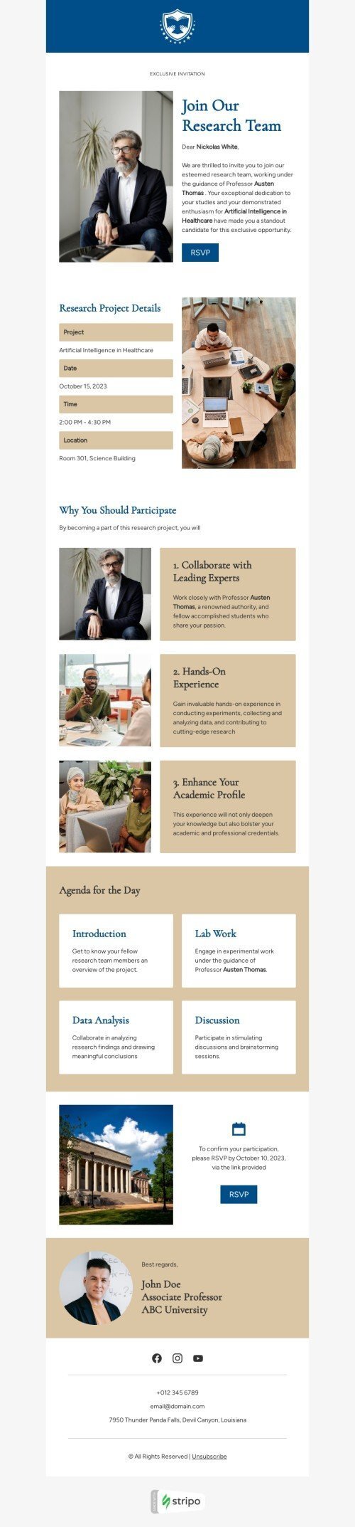 Шаблон листа «Приєднуйтеся до нашої дослідницької команди» тематики події для індустрії «Лист від професора» мобільний вигляд
